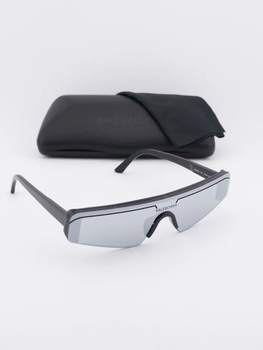 Balenciaga BB0003S 005 Shield Sunglasses - Black / Silver Mirror